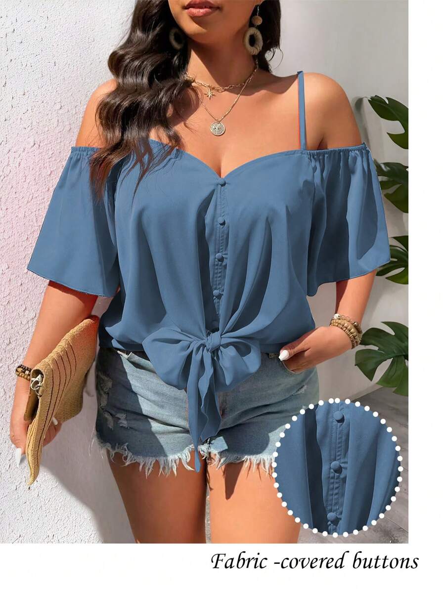 EMERY ROSE Fashionable Casual Retro V-Neck Off-Shoulder Tie Front Blouse - Teal Blue - View 1