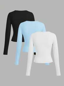 SHEIN EZwear 3 件套女士休闲宽领紧身长袖 T 恤套装，适合夏季 - 彩色 - 查看 2