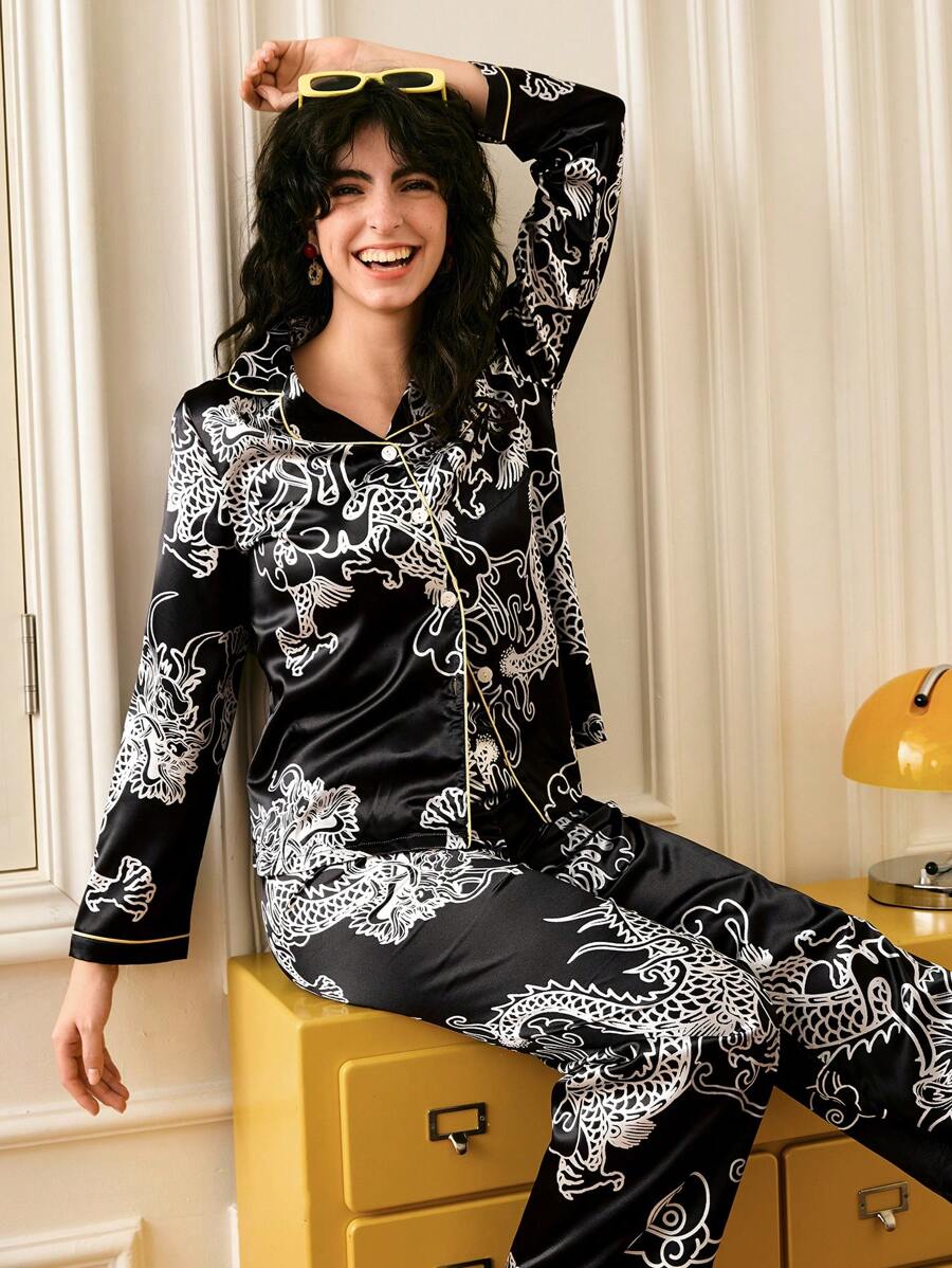 Women Dragon Pattern Cardigan Pajama Set - Multicolor - View 1