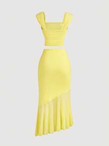 SHEIN MOD 黄色褶皱不对称下摆复古浪漫女士两件套，派对装，复古连衣裙晚礼服旧钱风格单身女郎礼服性感礼服生日装巡航女士装返校节礼服