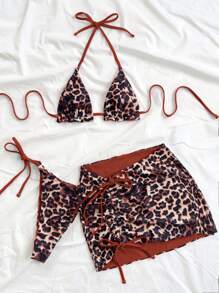 Soleia 3pcs/Set Women Leopard Print Contrasting Red Bikini Set, Vacation