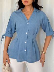 SHEIN Clasi 女式夏季法式短袖荷叶边袖系带腰衬衫 - 藍色 - 查看 7