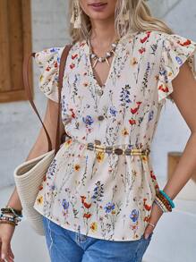 LanaWest Blusa casual da donna con scollo a V e stampa floreale, maniche a volant, adatta per uso quotidiano e vacanze