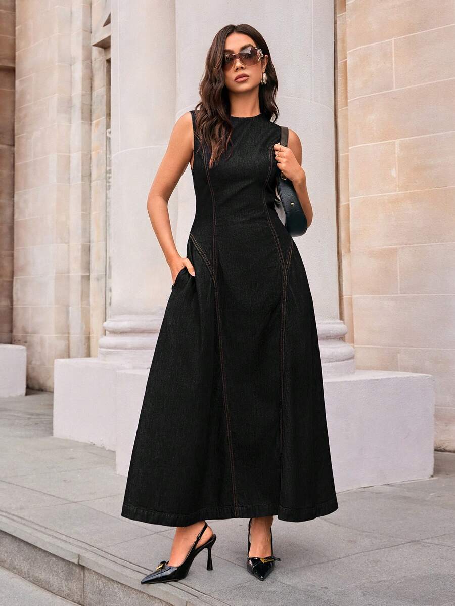 SHEIN Forever 21 Vestido longo vintage elegante estilo urbano sem mangas em linha A para mulheres, primavera - Preto - Ver 1