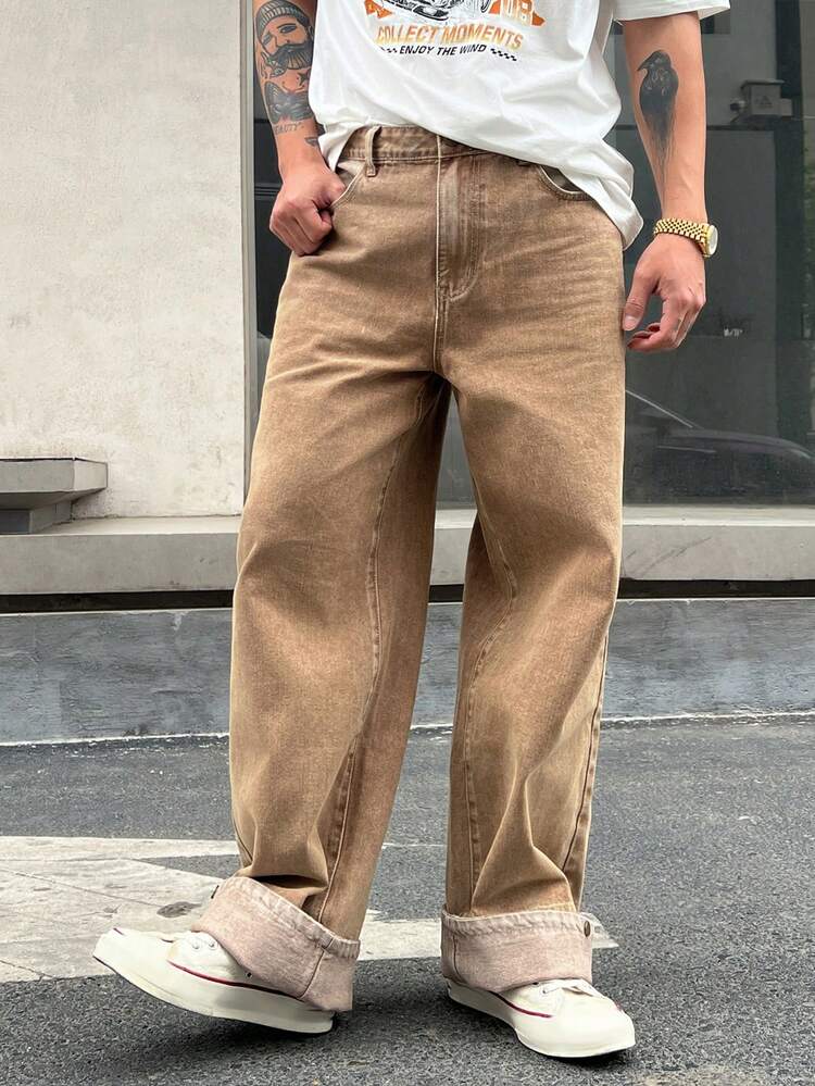 Men's Casual Straight Leg Khaki Denim Jeans With Pockets, Spring