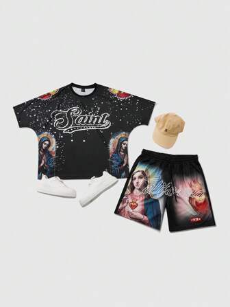 Street Life Herren Straßen-Stil Amerikanische Mutter grafischer Muster Kurzarm T-Shirt und Shorts Set, Sommer