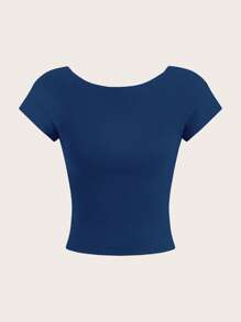 SHEIN Essnce 4 piezas de camisetas de mujer de cuello redondo, ajustadas, con espalda calada, de estilo casual y liso, versátiles para el verano