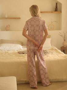 2pcs Women Pink & White Plaid Sleepwear Set - Multicolor - View 2