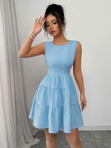 Elenzga 1 件女士纯色细肩带连衣裙，夏季时尚 - 藍色 - 查看 3