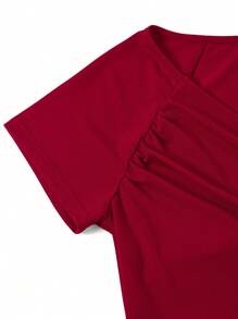 SHEIN Clasi Classic Women V-Neck Pleated Wrap Fitted Short Sleeve Elegant Sexy Tops Casual Spring Summer Shirts, Green/Red/Black, Multiple Colors - Multicolor - View 13
