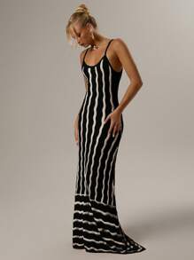 SHEIN Forever 21 Spring Vacation Minimalist Geometric Retro Wavy Pattern Women's Sleeveless Dress - Black - View 4