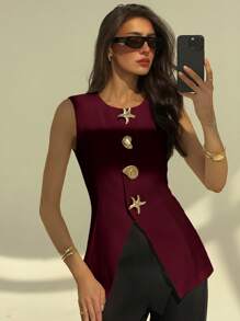 Aloruh Sleeveless Simple Commuter/Office Metal Decor Women Blazer Office In Fall/Winter - Burgundy - View 5