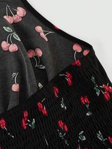 Sweetra Plus Size Halter Tie Waist Cherry Print Jumpsuit - Black - View 4