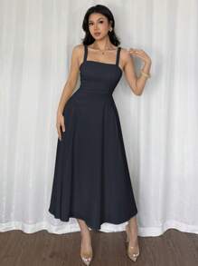 Firerie Váy dài vừa phải dáng chữ A, mùa hè, vải voan xếp nếp màu vàng, thiết kế tối giản thanh lịch dành cho nữ đi biển - Màu xanh hải quân - Xem 5