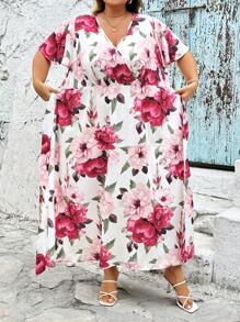 SHEIN CURVE+ Váy rút dây rộng rãi họa tiết hoa lớn cổ điển giản dị cỡ lớn, phù hợp cho mùa xuân/hè, cong hơn, kỳ nghỉ Boho, váy bồng bềnh, váy chống nắng cho phụ nữ trang phục đi biển cho phụ nữ/váy đi biển/trang phục nghỉ mát trên bãi biển/đồ dùng cần thiết cho bãi biển/váy tốt nghiệp/váy tiệc trà trang phục mùa hè/đồng quê/kỳ nghỉ trên bãi biển/trang phục đi biển/đồ mặc đi biển - Nhiều màu - Xem 7