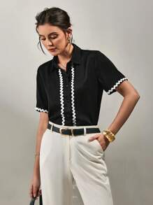 SHEIN Clasi Black Short Sleeve Lace Trim Women's Casual Blouse - Black and White - View 3