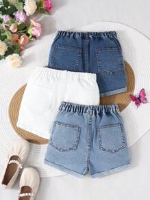 SHEIN Vintaside Kids 3 Pairs Of Girls Washed Multi-Color Ripped Skinny Denim Shorts, Casual Everyday Wear, Simple & Fashion Design, School, Campus, College - Multicolor - View 2