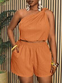 Slaydiva 大码两件套女士休闲夏日度假装 - 纯色无袖扭纹下摆短款上衣和口袋短裤，梭织面料 - 橘色 - 查看 1