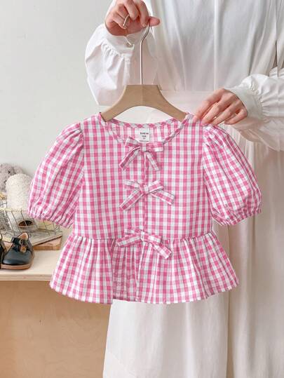 SHEIN LMoss Kids 年轻女孩春夏舒适红色格子编织蝴蝶结细节泡泡袖衬衫，适合情人节、学校日常穿着、度假和节假日、妈妈和女儿和姐妹搭配。