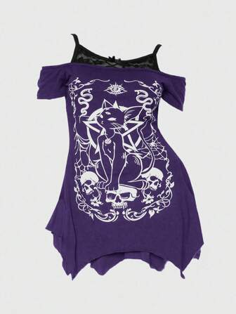 Goth Camiseta asimétrica de hombro con encaje de contraste, talla grande, con estampado de gato misterioso, estrella y esqueleto, estilo gótico para uso en playa, conciertos, festivales rave y streetwear de verano