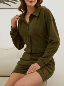 EURMUSE Women Cotton Textured Collar Detail Lounge Jumpsuit - Dark Green - View 4