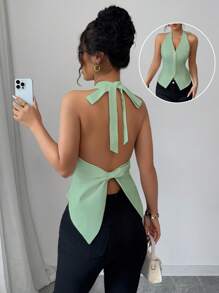 Elenzga Tie Neck Backless Bow Elegant Ladies Blouse - Green - View 1