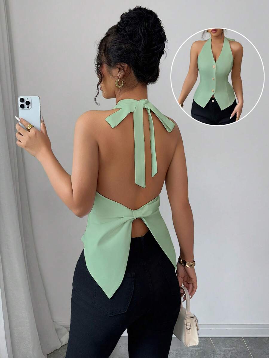 Elenzga Tie Neck Backless Bow Elegant Ladies Blouse - Green - View 1