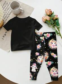 SHEIN 可爱绵羊印花，花卉图案，女婴休闲简约修身圆领短袖裤家居服，适合夏季，修身款，适合开斋节、家庭聚会 - 彩色 - 查看 3