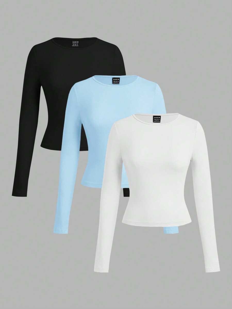 SHEIN EZwear 3 件套女士休闲宽领紧身长袖 T 恤套装，适合夏季 - 彩色 - 查看 1