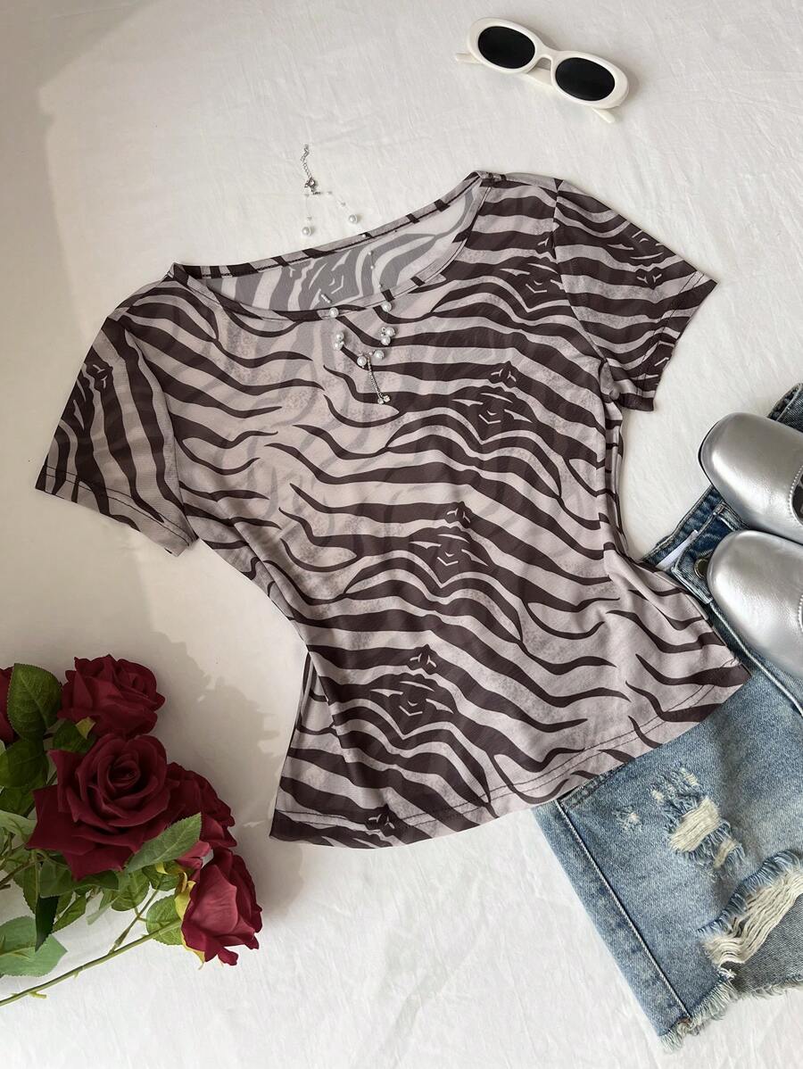 SHEIN Unity Women's Sheer Zebra Print Mesh T-Shirt, Summer - Coffee Brown - View 1