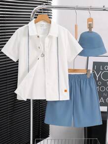 Buy 2 Get 1 Free With 3 Packs Of Bucket Hats Tween Boy Casual Sports College Art Retro White Shirt And Blue Shorts And Blue Bucket Hat Suitable For Birthday Parties, Evening Parties, Performances - White - View 1