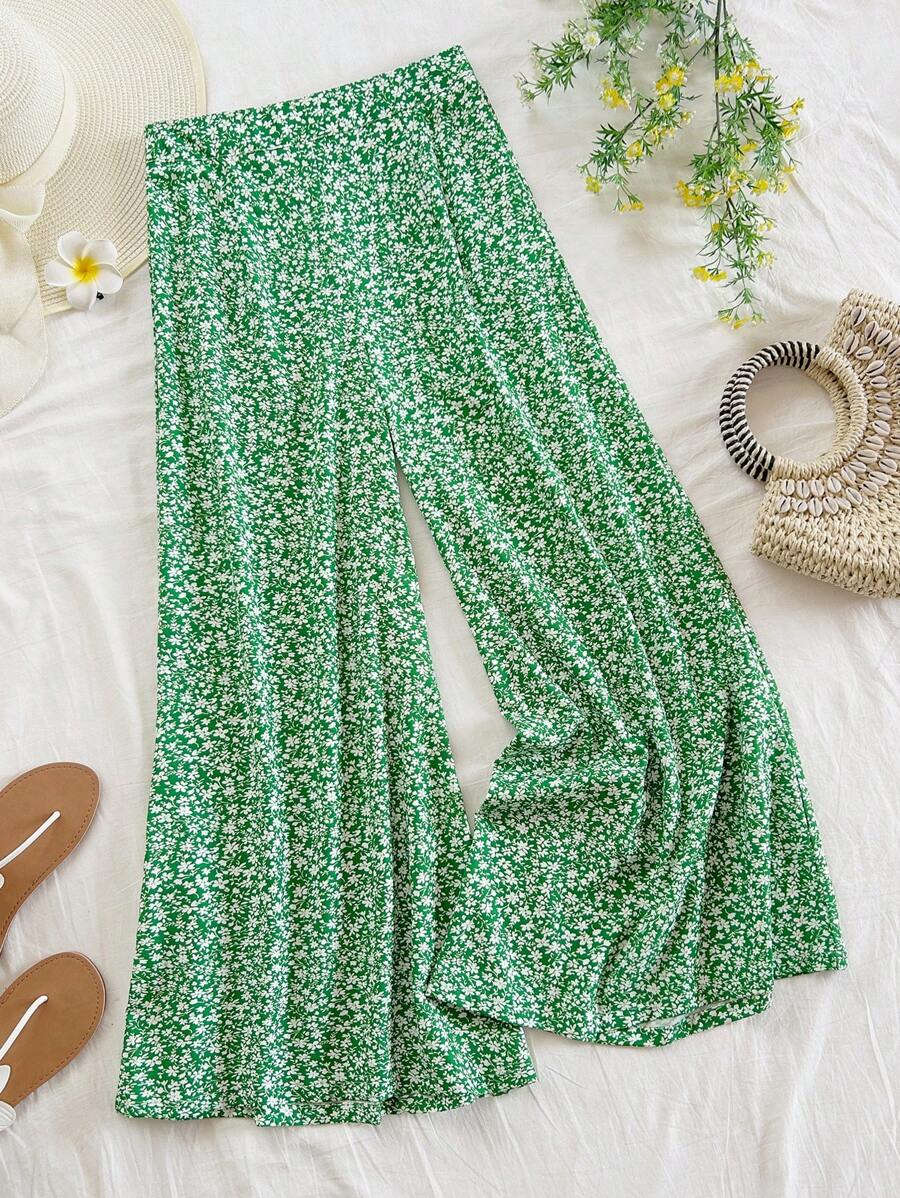 Soleia Spring Break Ditsy Floral Print High Waist Wide Leg Pants Sage Green Dress