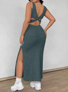 SHEIN MOOSTA Plus Size Solid Color Sleeveless Twist Hollow Out Slit Bodycon Casual Midi Dress Maxi Women Outfit - Blue - View 2