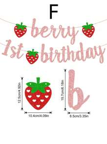 SHEIN 1 件草莓生日派对旗帜展示，生日快乐草莓闪光旗帜展示，生日派对，生日礼物，派对和聚会装饰，室内和室外布置 - 彩色 - 查看 5