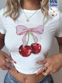 SHEIN EZwear 水果樱桃印花蝴蝶结装饰修身短款圆领 T 恤，95% 纯棉，柔软舒适，适合春夏季，自然 - 白色 - 查看 3