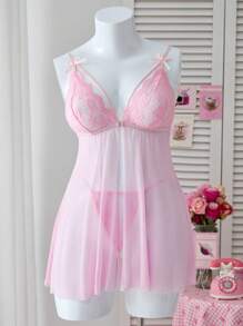 PetitDoll 2pcs Set Sexy Front-Open Lace & Mesh Flare Nighty With G-String (Wireless) - Pink - View 6