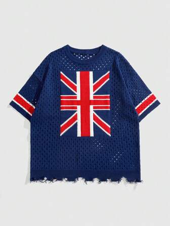 Prep Pull vintage tricoté d'été de marque mode pour hommes, pull ajouré à col rond avec motif de drapeau national, Top décontracté ample