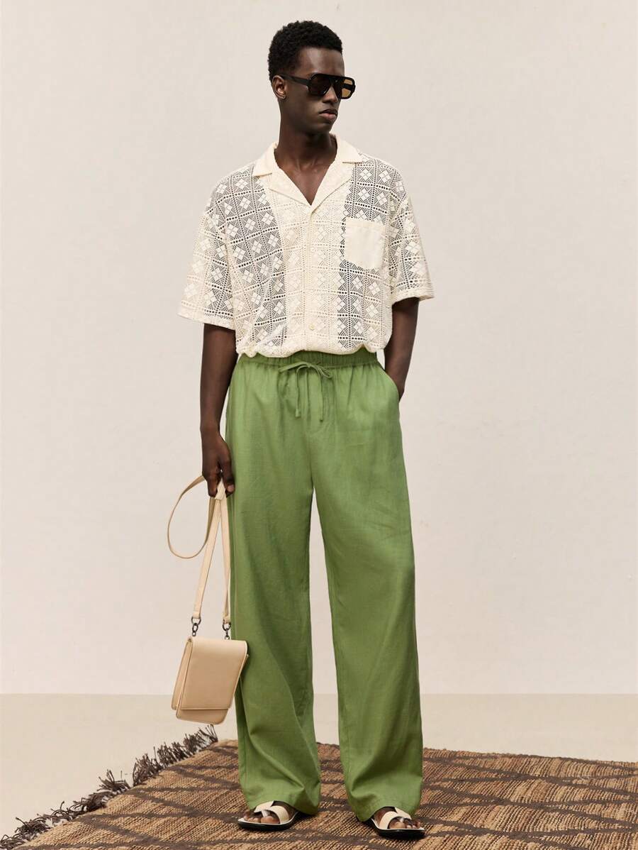 Ontre 2025 Summer Men's Casual Solid Color Drawstring Waist Pockets Vacation Beach Holiday Everyday Versatile Pants, Music Festival Style - Green - View 1