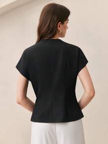 BizChic 女式黑色金属纽扣 V 领短袖衬衫，都市通勤办公室商务休闲优雅正式衬衫上衣