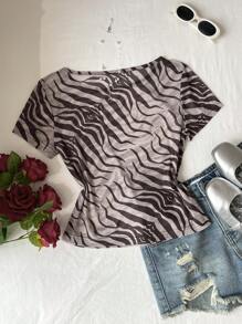 SHEIN Unity Women's Sheer Zebra Print Mesh T-Shirt, Summer - Coffee Brown - View 2