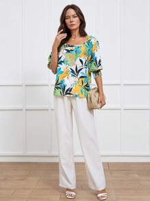 Miaspire Women's Floral Print Square Neck Puff Sleeve Midi Blouse, For Spring/Summer Holiday - Multicolor - View 6