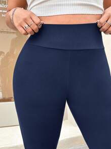 SHEIN EZwear Plus Size Navy Blue Cropped Leggings, Vacation Style, Spring/Summer