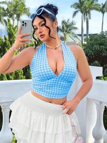CovetEZ Plus Size Blue Plaid Suspender And Tank Top, Spring/Summer - Blue - View 5