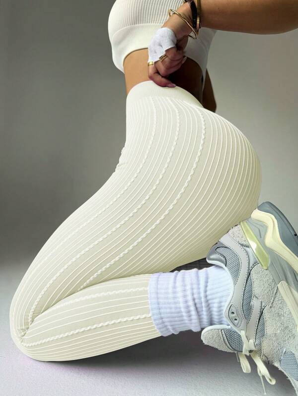 SHEIN Sport Studio Mallas deportivas de mujer de cintura alta con textura y plisados