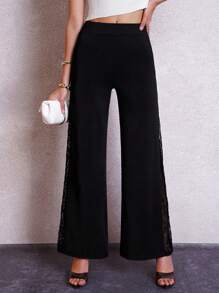 SHEIN Lavishia Quần ống rộng ren ghép cho nữ - màu đen - Xem 3