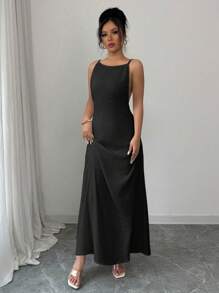 Rafferiza Elegant Solid Color Backless Dress, Summer - Black - View 3
