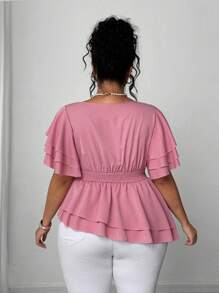 Elenzga Große Größen A-Linien Wickelshirt mit Puffärmeln