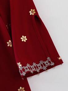 Young Girl Maroon Middle Eastern Eid Al-Fitr Zip Up Long Sleeve Waisted Gold Floral Print Robe, Fancy Summer Gown Royal Dress For Girls - Burgundy - View 8