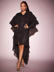 Vixey Áo sơ mi cổ bẻ dáng hi-lơ cao, cài cúc, chất liệu chiffon mỏng nhẹ, chi tiết bèo nhún, phong cách Boho dành cho nữ, thích hợp cho mùa xuân và mùa hè. - màu đen - Xem 4