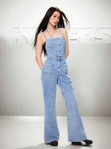 SHEIN EZwear Women's Denim Overall And Jumpsuit, Casual Fitted Strap Jumpsuit Flare Pants, Blue